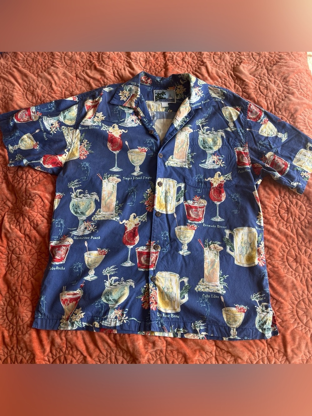 Vintage Aftco Bluewater Tropical Cocktail Print Short-Sleeve Shirt